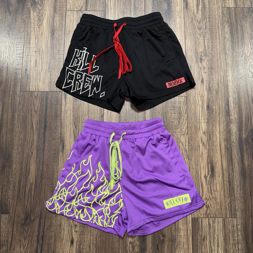 Kill Crew Men's Muay Thai Athletic Gym Shorts Mid Thigh Cut Black Purple Medium